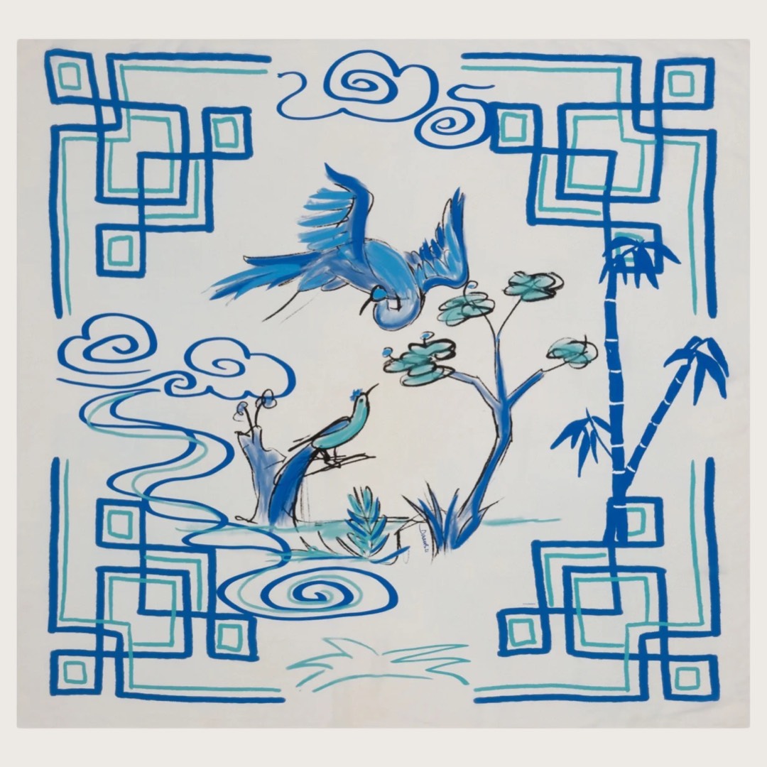 Crêpe de Chine Silk Scarf 140 Cranes