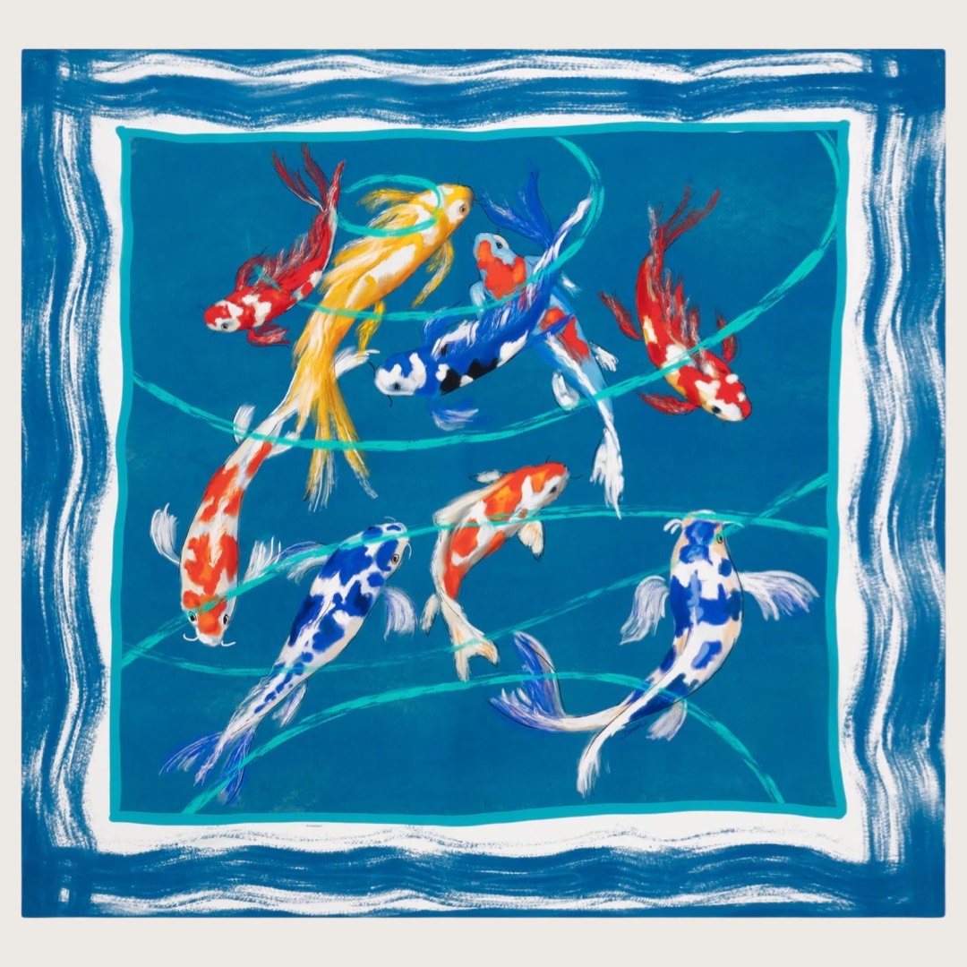 Crêpe de Chine Silk Scarf 140 Koi
