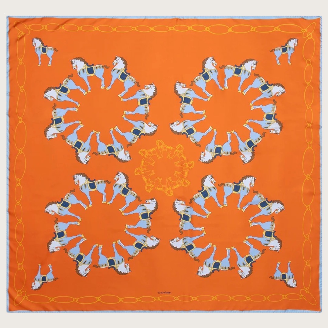 Silk Scarf 140 Tang Horses Orange