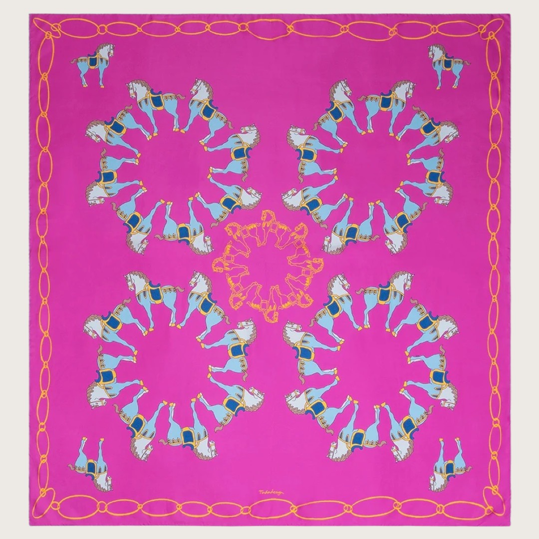 Silk Scarf 140 Tang Horses Pink