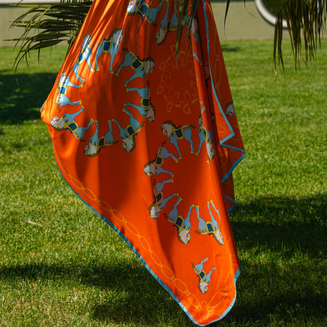 Silk Scarf 140 Tang Horses Orange