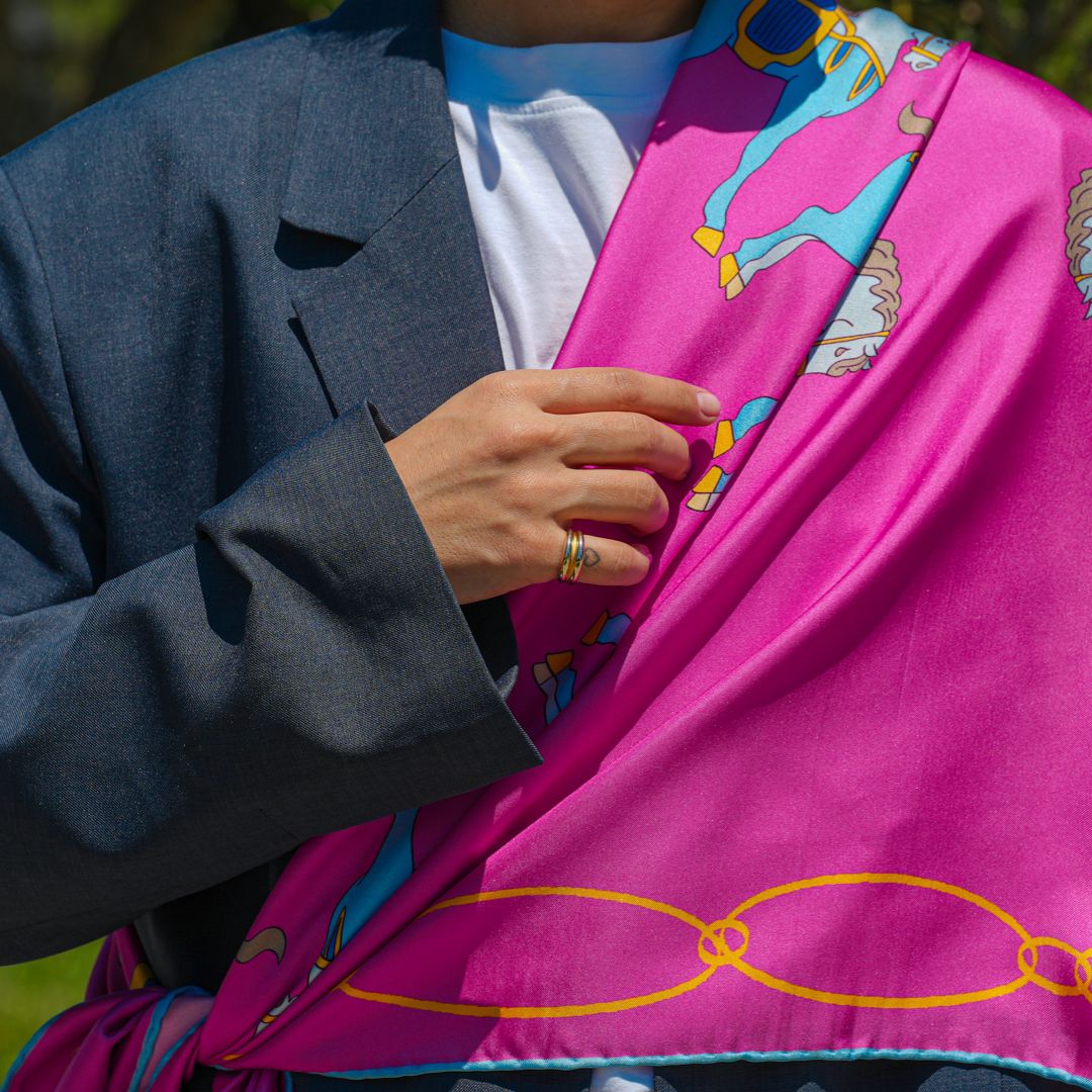 Silk Scarf 140 Tang Horses Pink